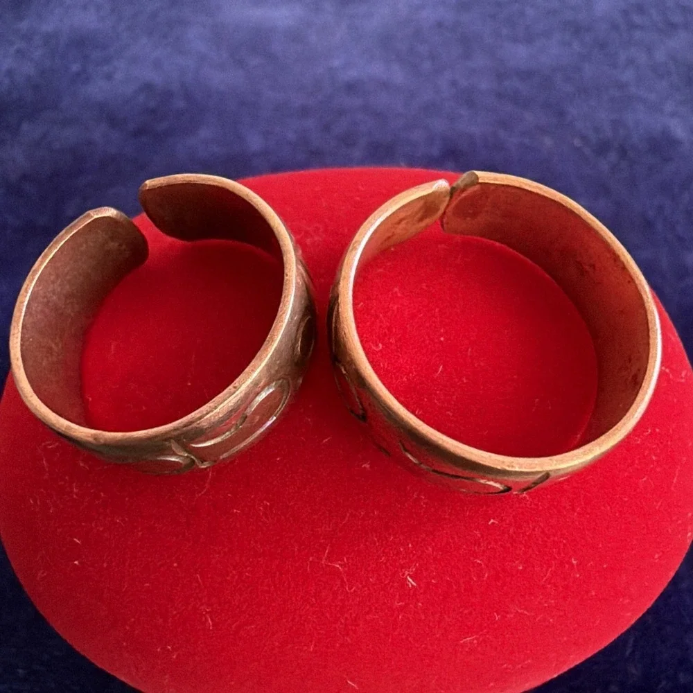 Vintage Tibetan Copper Artisan Ring Set 2 Adjustable Band Size 8 10.2g